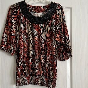 JM Collection Red and Black Animal Print Blouse